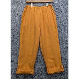 FLAX 100% Linen Pull On Roll Tab Hem Pants Size S Boho Lagenlook Peasant Orange